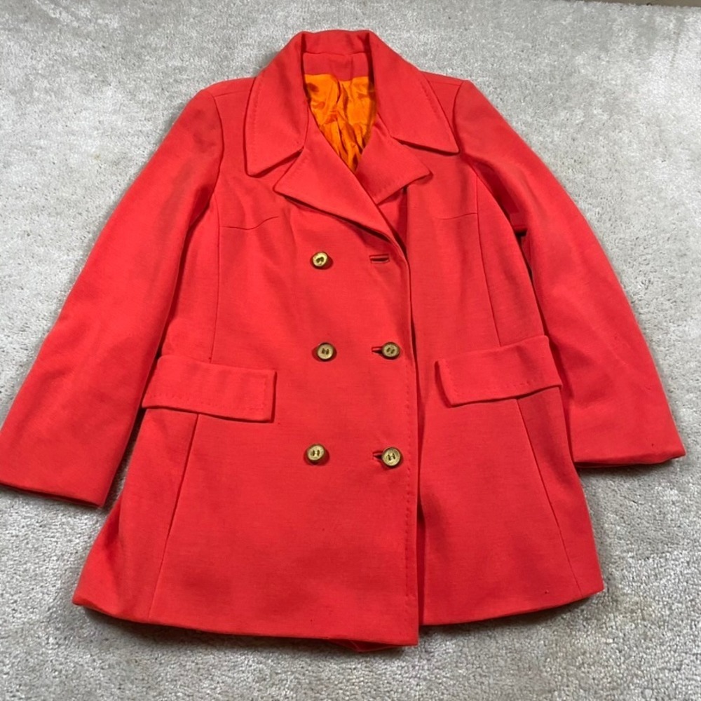 VTG 70s Coat Womens S Orange Double Breasted Pea Coat Gold Buttons Mid Length